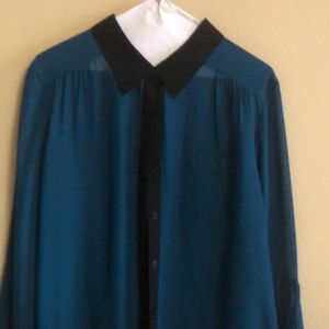 Sheer blouse. Dillards brand. Teal and black. Has been to cleaners.